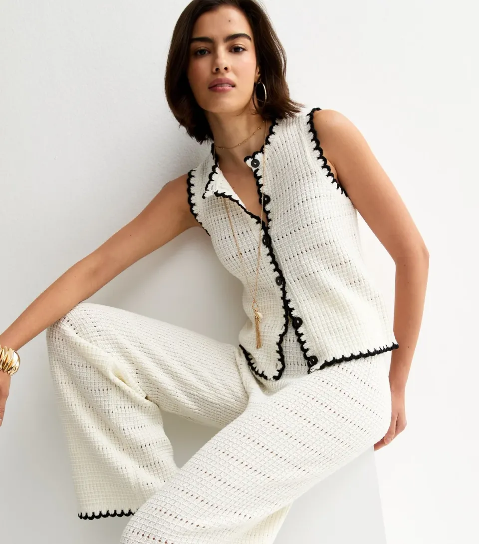 Women's Cream Cotton Rich Blanket Stitch Wide Leg Trousers