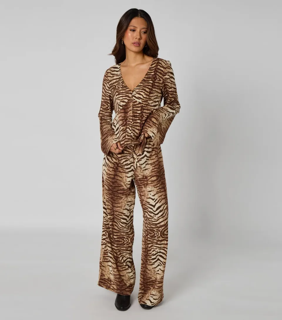 Women's Brown Zebra Print Wide Leg Trousers