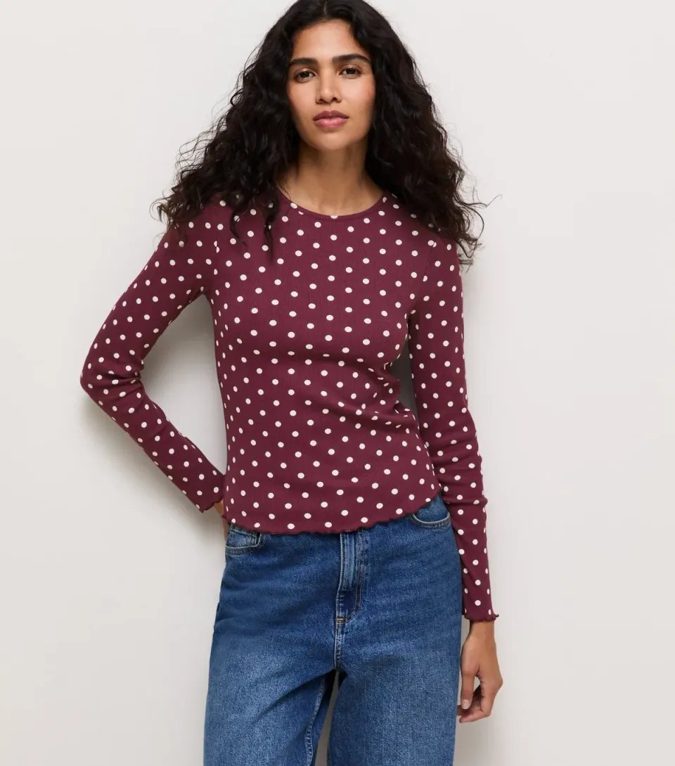 Women's Red Cotton Rich Spot Print Long Sleeve Babylock Top