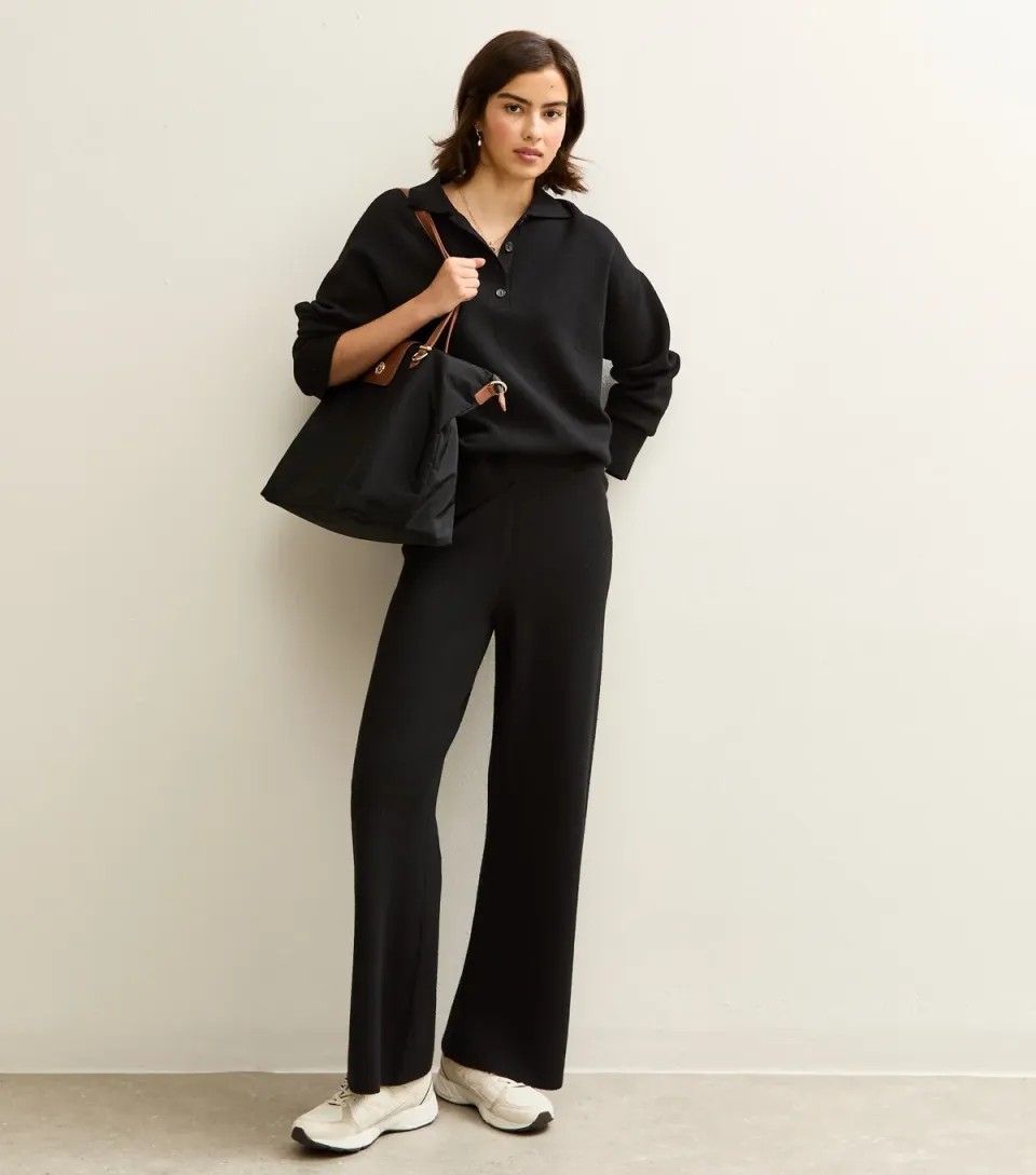 Women's Black Wide Leg Compact Knit Trousers