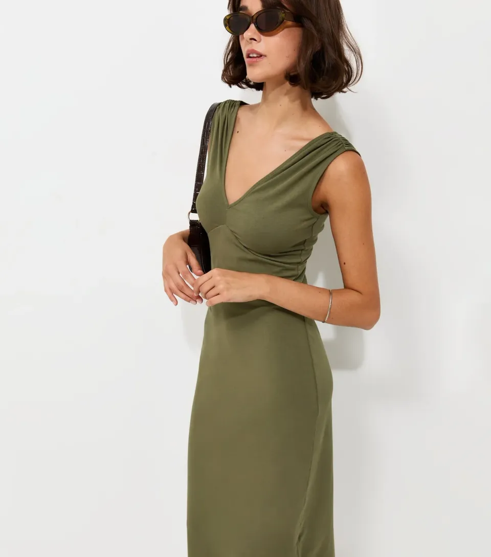Women's Dark Khaki Ruched Shoulder Sleeveless V-Neck Midi Dress