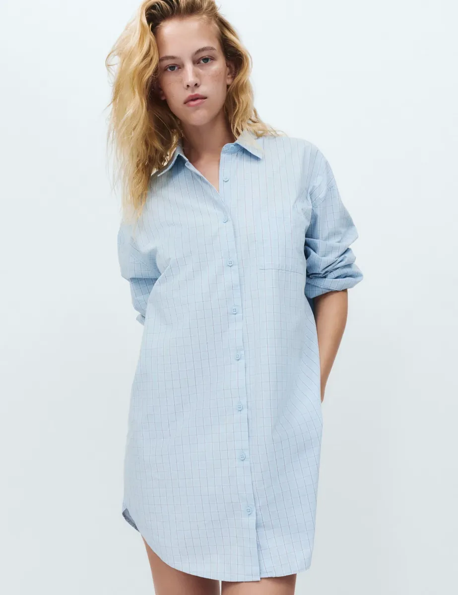 Pure Cotton Checked Nightshirt Blue Mix
