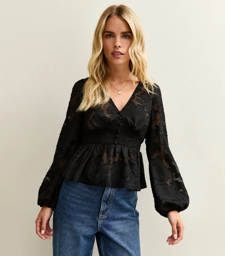 Women's Petite Black Floral Jacquard Semi Sheer Peplum Blouse