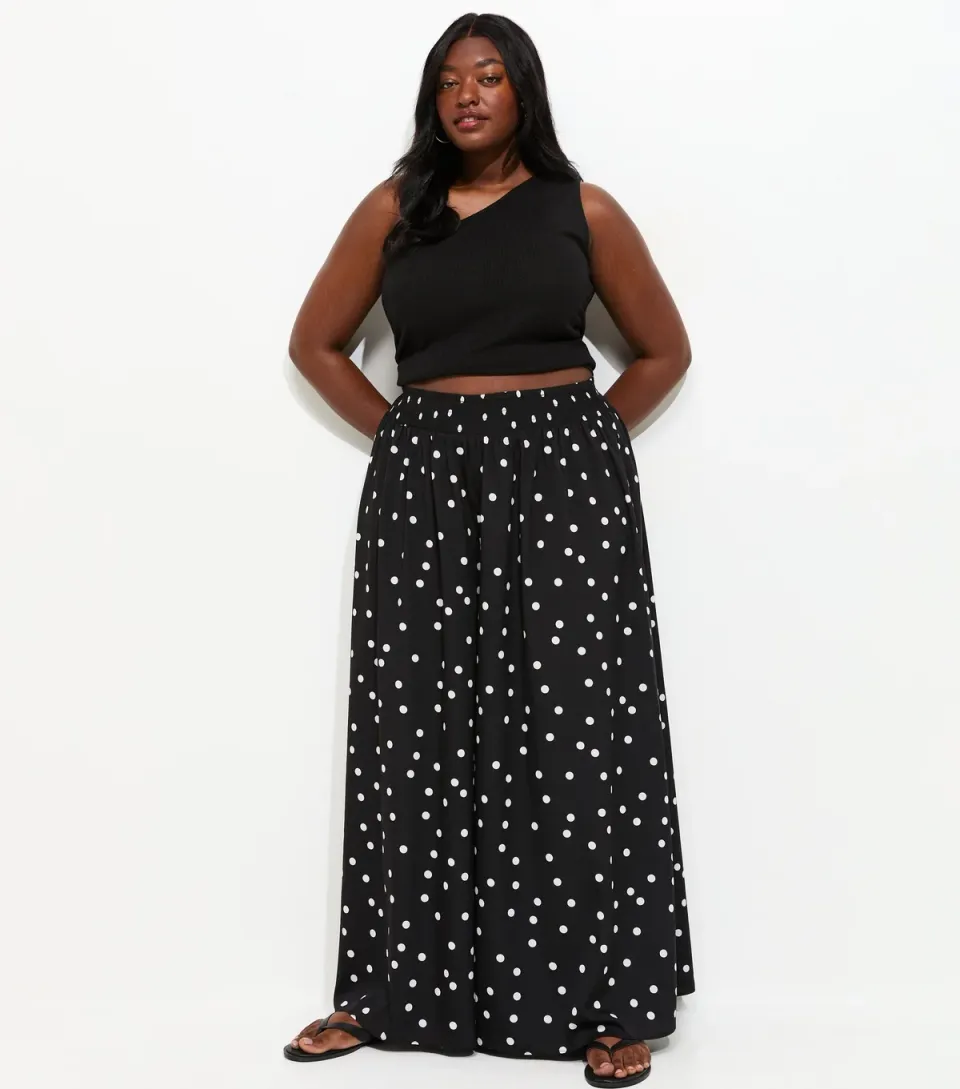 Women's Plus Size Black Spot Print Crepe Palazzo Trousers Curves