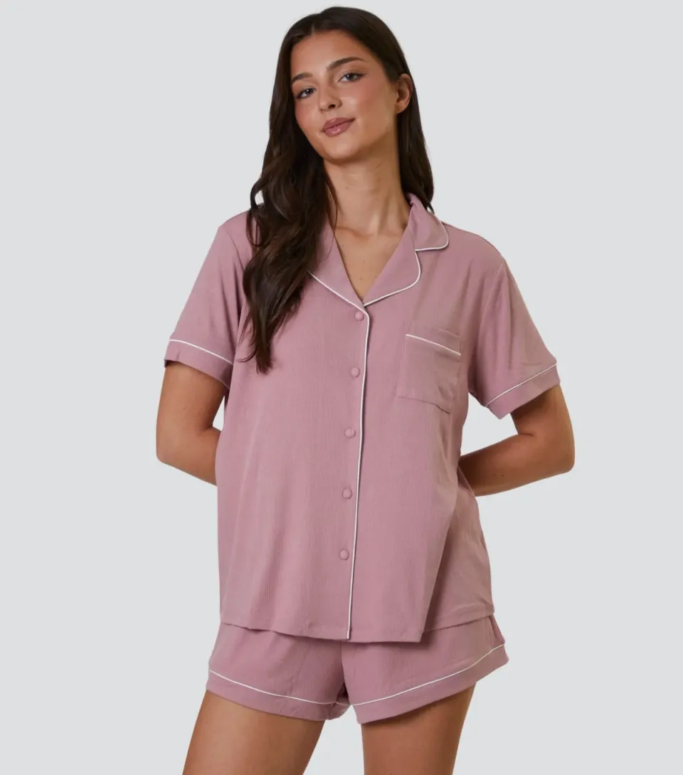 Women's Pink Ribbed Shirt and Shorts Pyjama Set