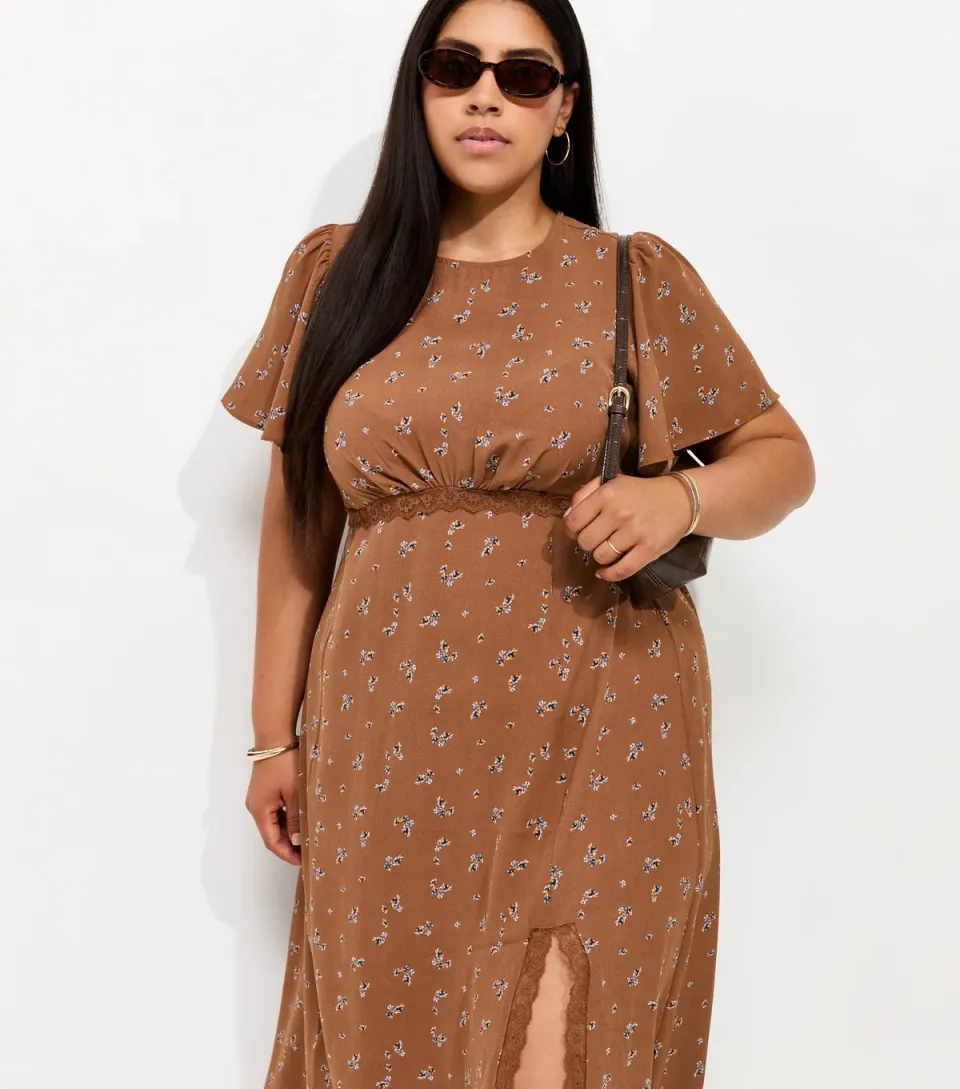 Women's Plus Size Brown Floral Lace Midi Dress Curves