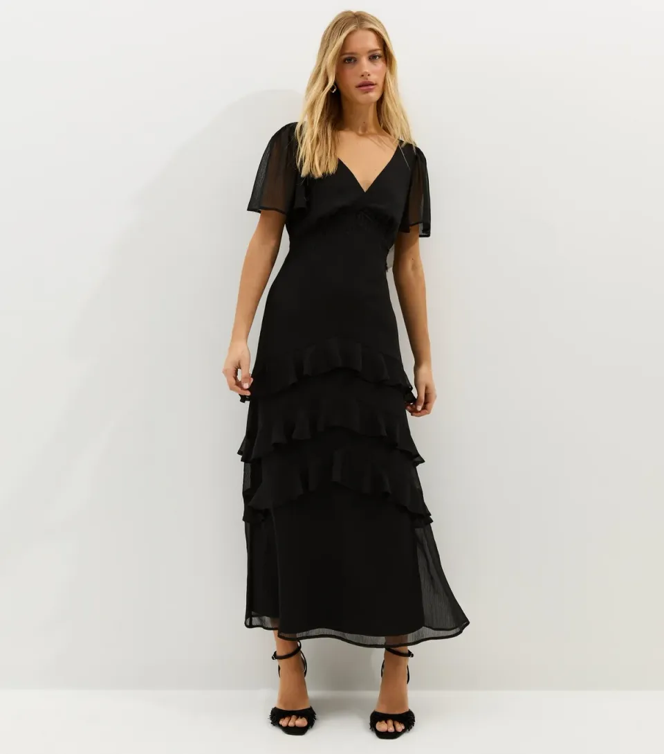 Women's Black Chiffon Lace Tea Maxi Dress