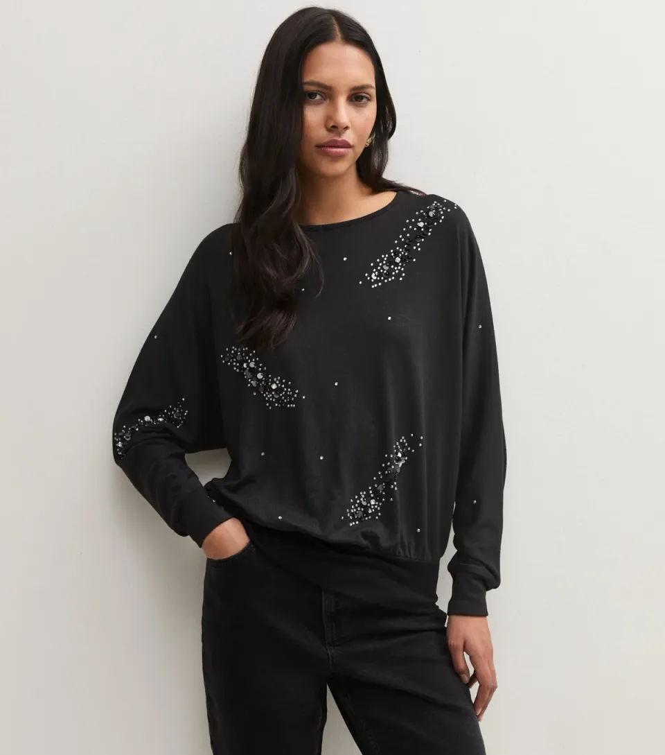 Women's Black Soft Touch Sequin Embellished Batwing Sleeve Top