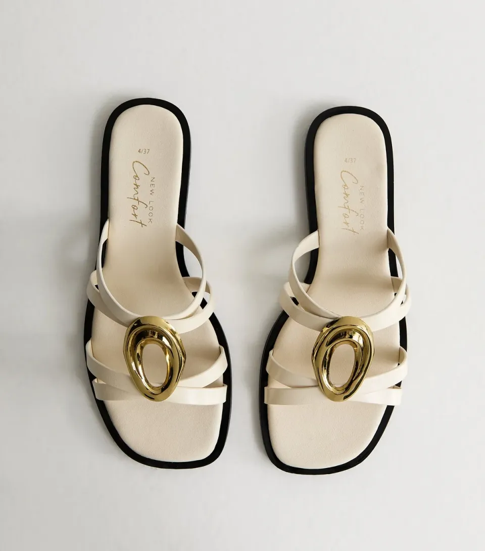 Women's Off White Gold Abstract Buckle Mule Sandals