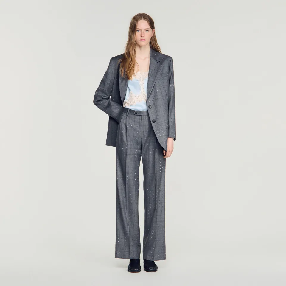 Rhinestone check wool trousers