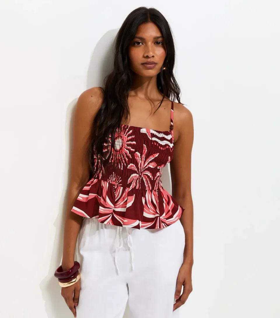 Women's Burgundy Palm Print Shirred Cami Top