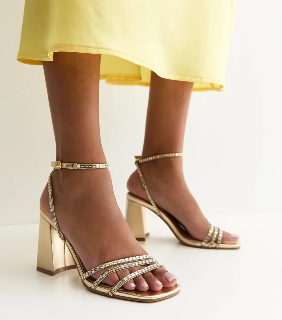 Women's Gold Embellished Strappy Block Heel Sandals Vegan