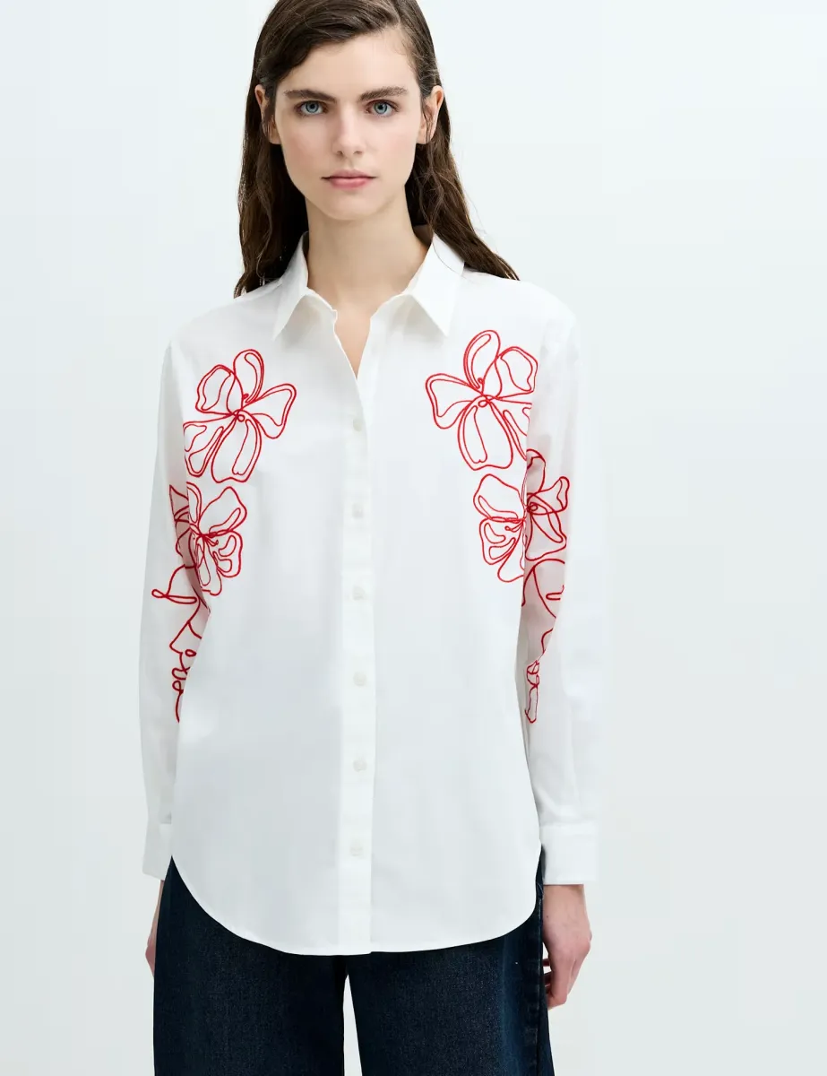 Pure Cotton Floral Embroidered Shirt White Mix