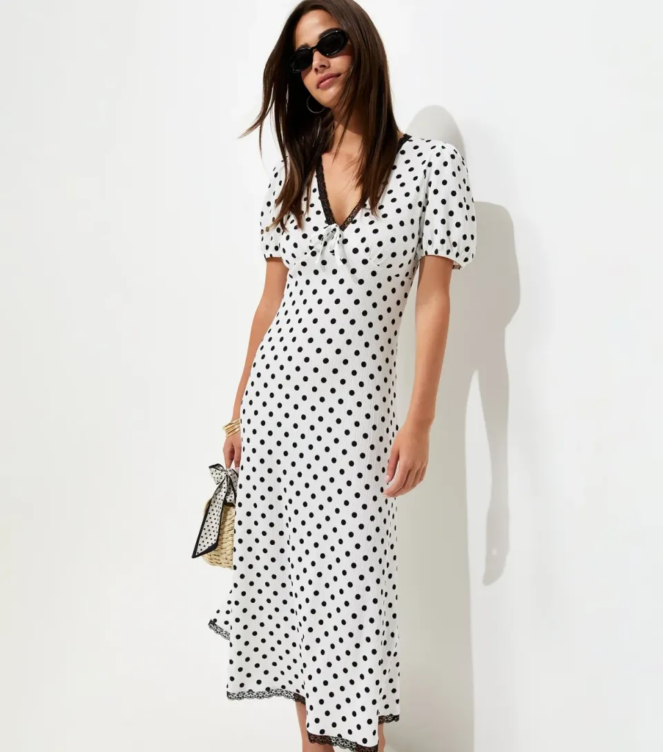 Women's Cream Polka Dot Short Sleeve Midi Dress