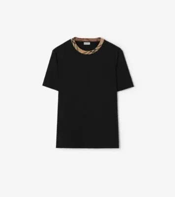 Check Trim Cotton T-shirt in Black