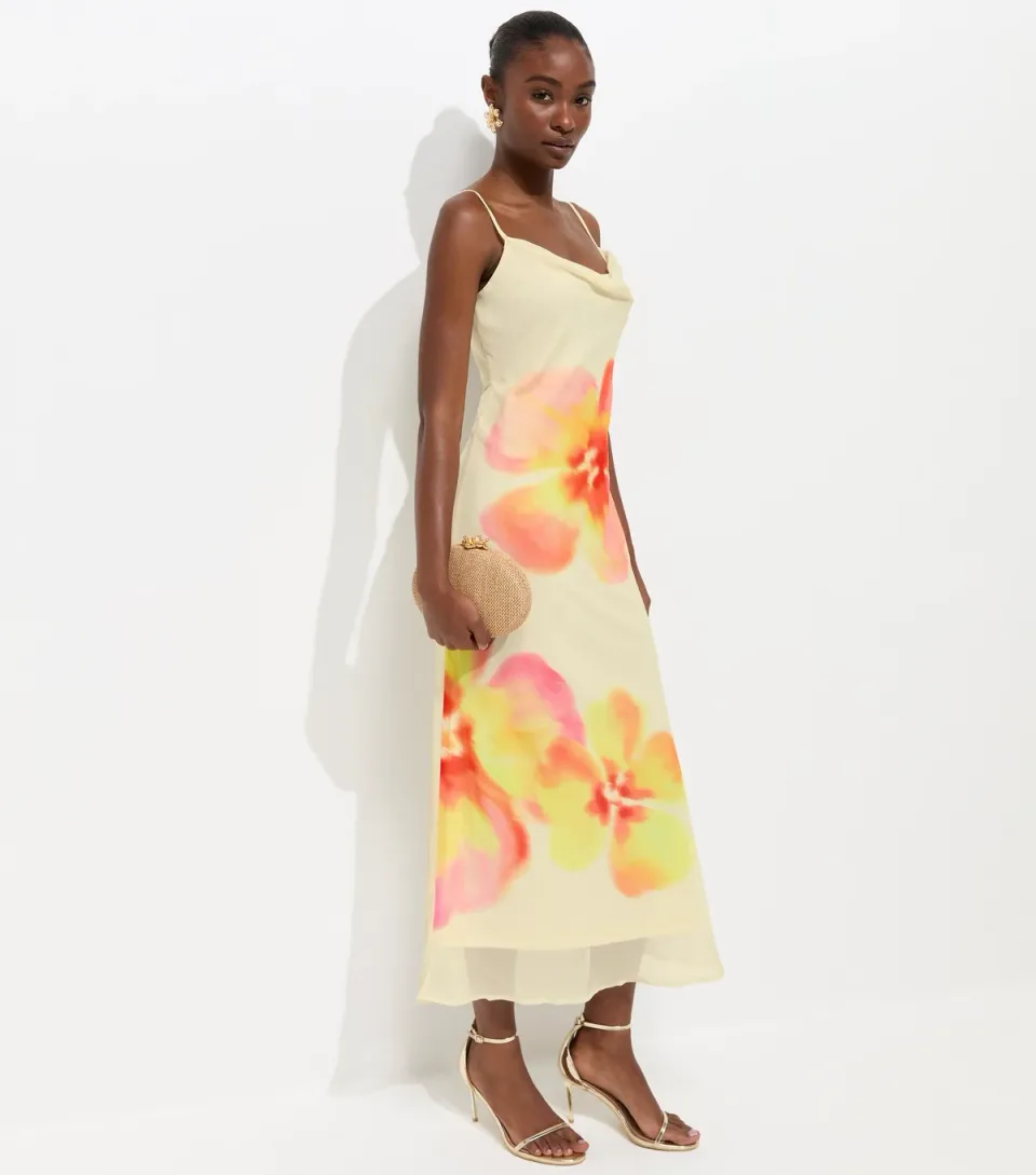 Women's Cream Hibiscus Chiffon Cowl Neck Midi Dress