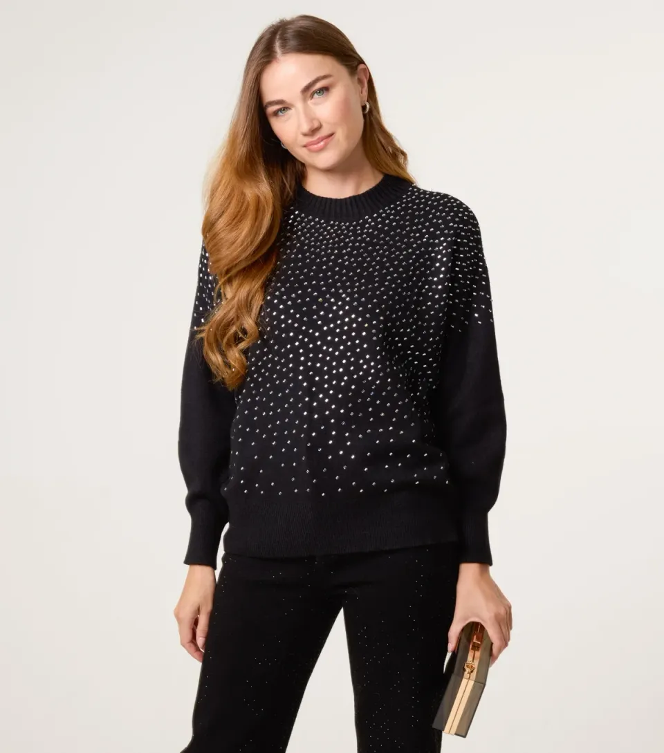 Women's Black Diamanté Embellished Jumper