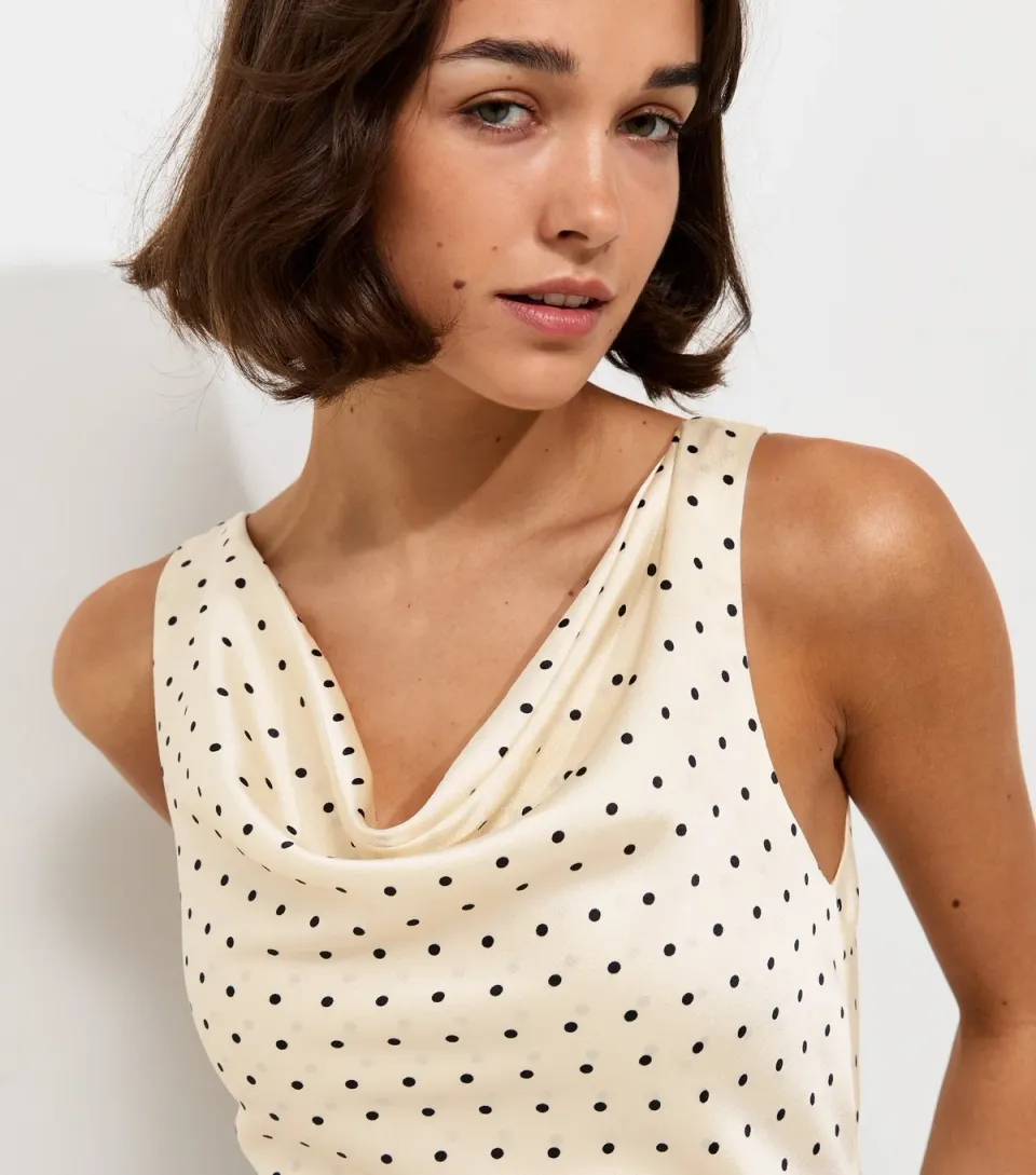 Women's White Satin Polka Dot Cowl Neck Top