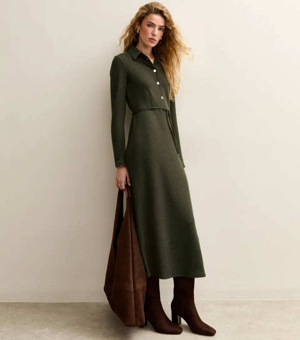 Women's Khaki Crinkled Midi Shirt Dress