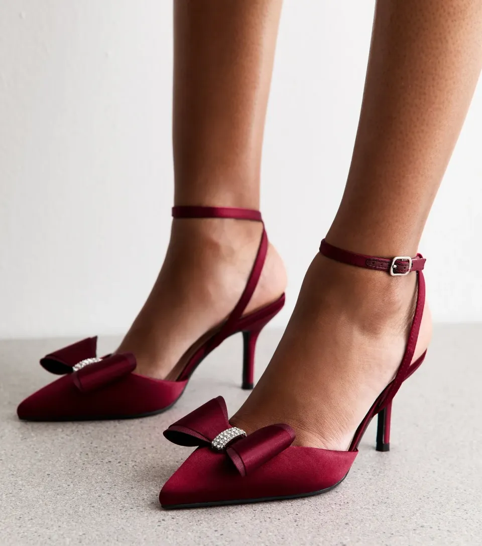 Women's Light Burgundy Satin Bow Embellished Stiletto Heels Vegan