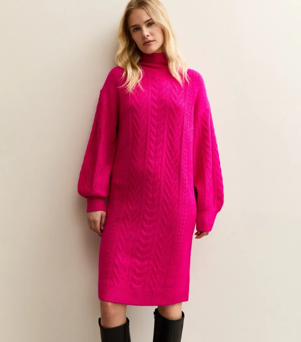 Women's Bright Pink High Neck Jumper Dress