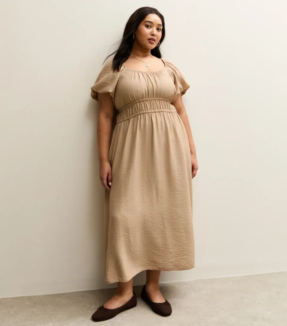 Women's Plus Size Camel Milkmaid Midi Dress Curves