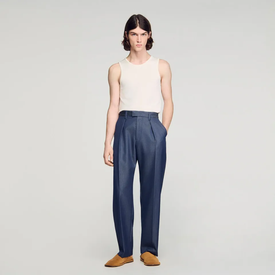 Pleated denim-effect trousers