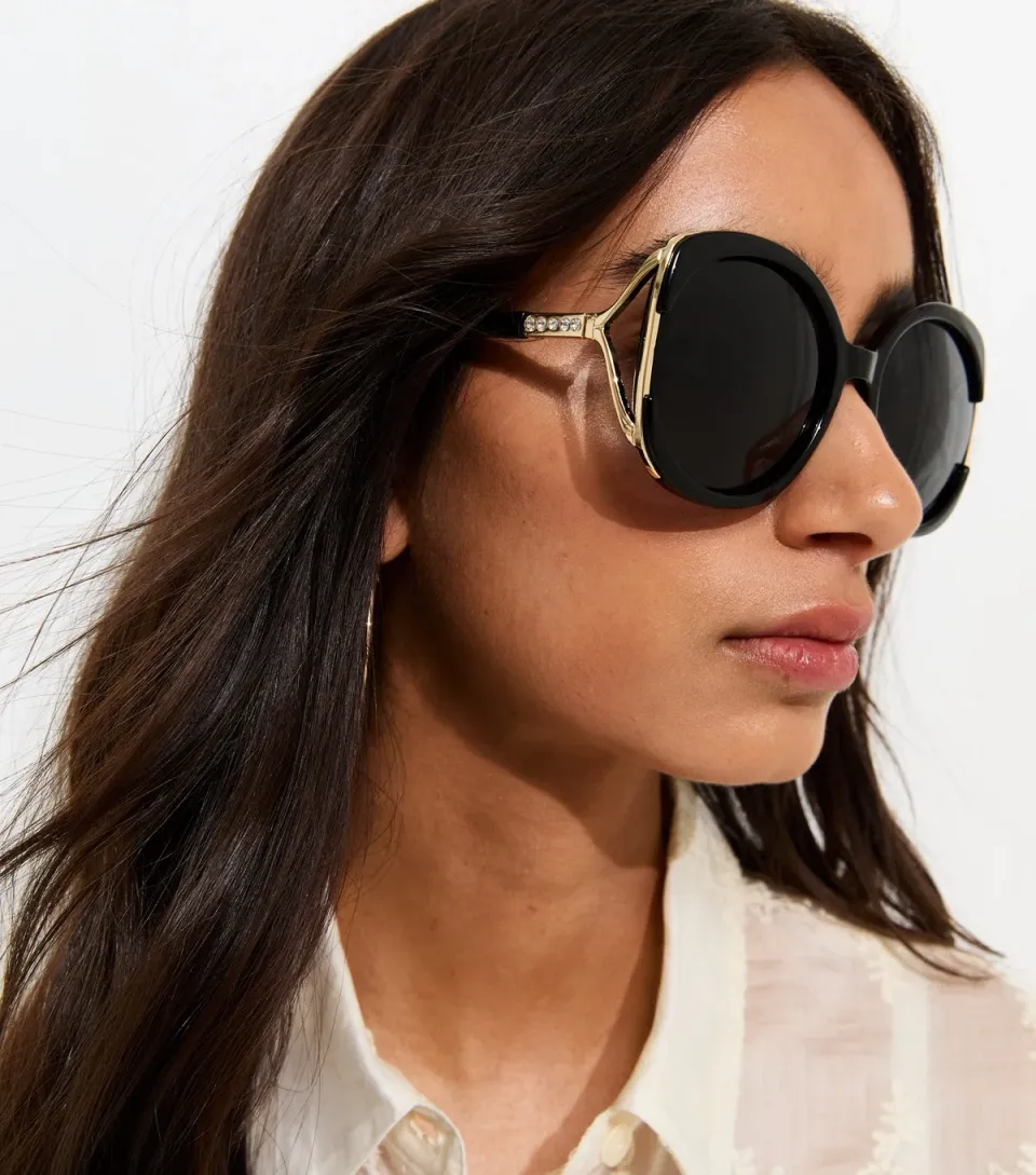Black Oversized Round Diamante Embellished Sunglasses