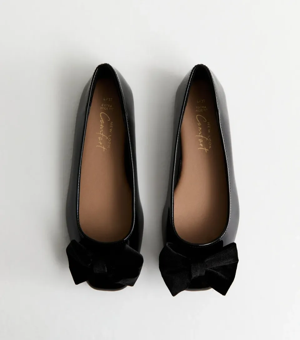 Women's Extra Wide Fit Black Bow Front Faux Patent Ballerina Flats Vegan