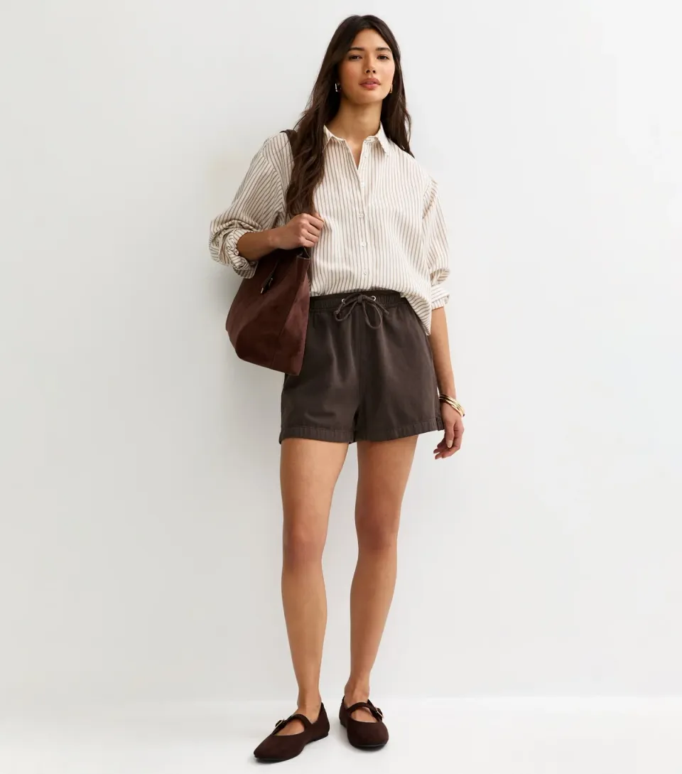 Women's Dark Khaki Cotton Twill Pull On Drawstring Shorts