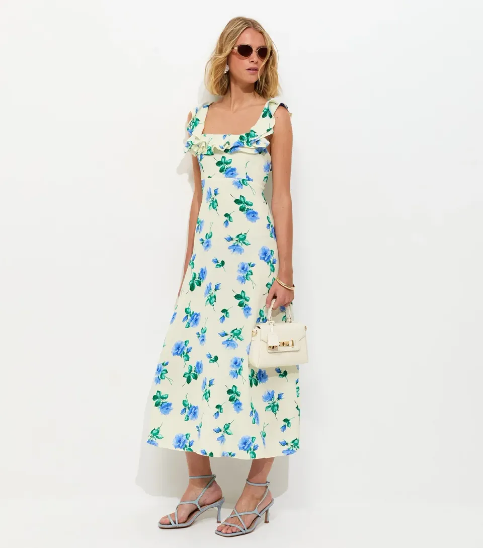 Women's Cream Floral Ruffled Square Neck Midi Dress