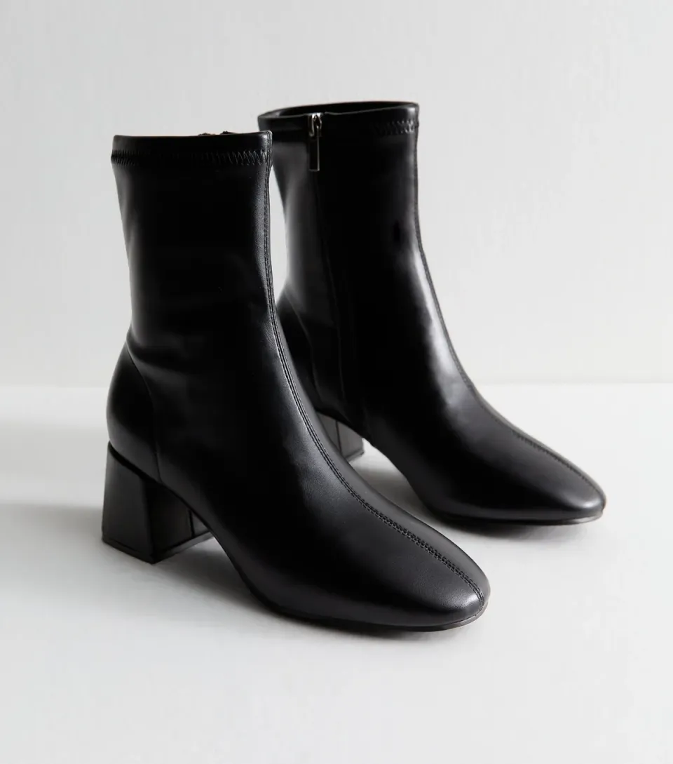Women's Black Faux Leather Block Heel Ankle Boots Vegan