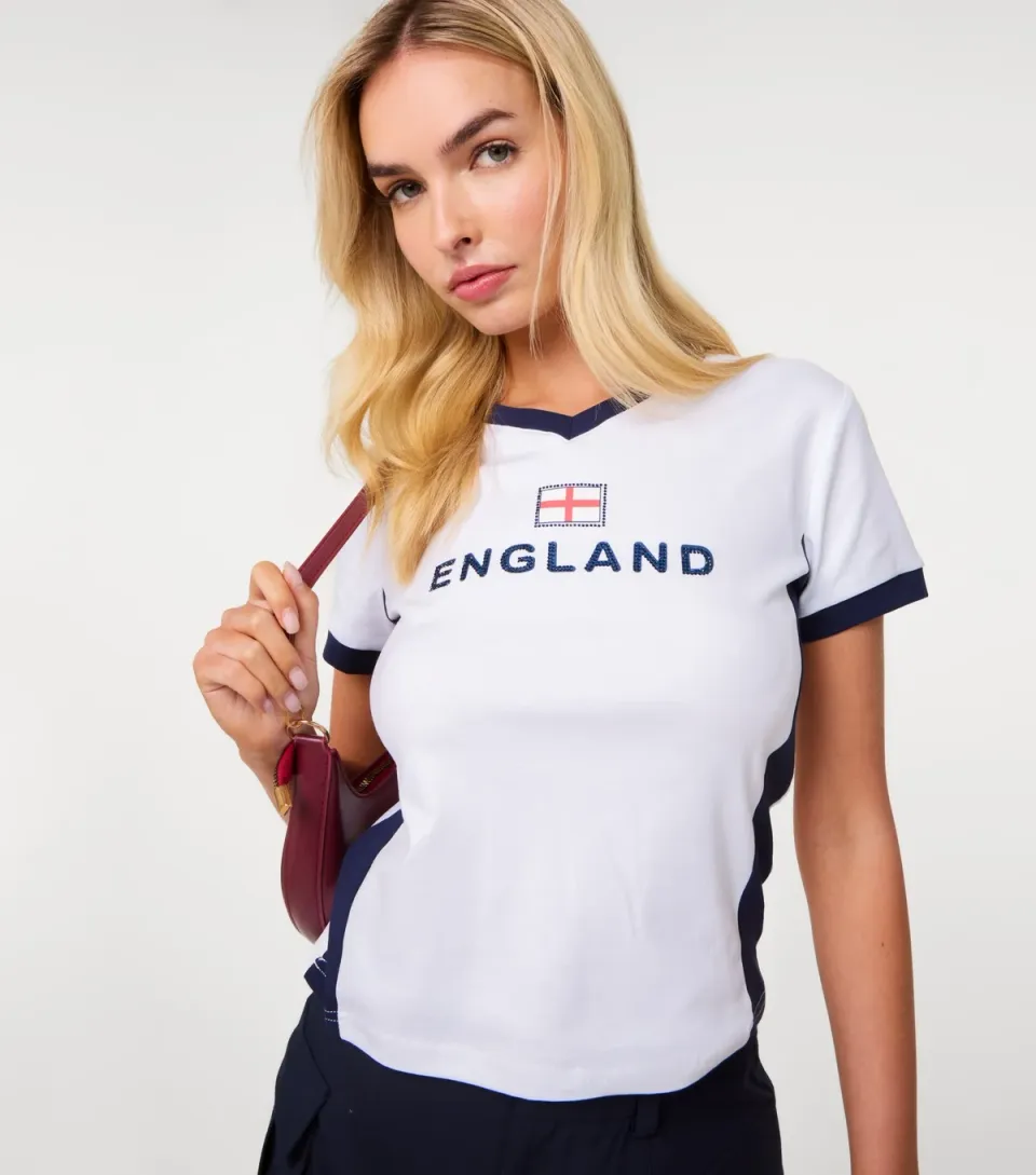 Women's White England Embellished Football Top