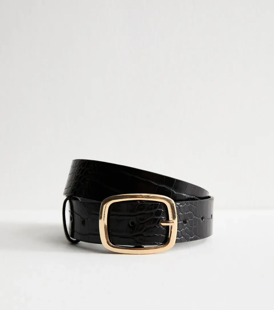 Black Faux Leather Crocodile Embossed Belt