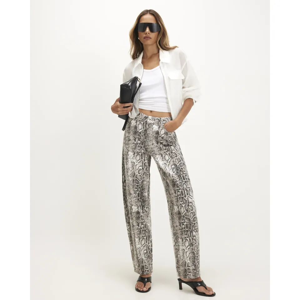 Mid Rise Snake Print Barrel Leg Jeans