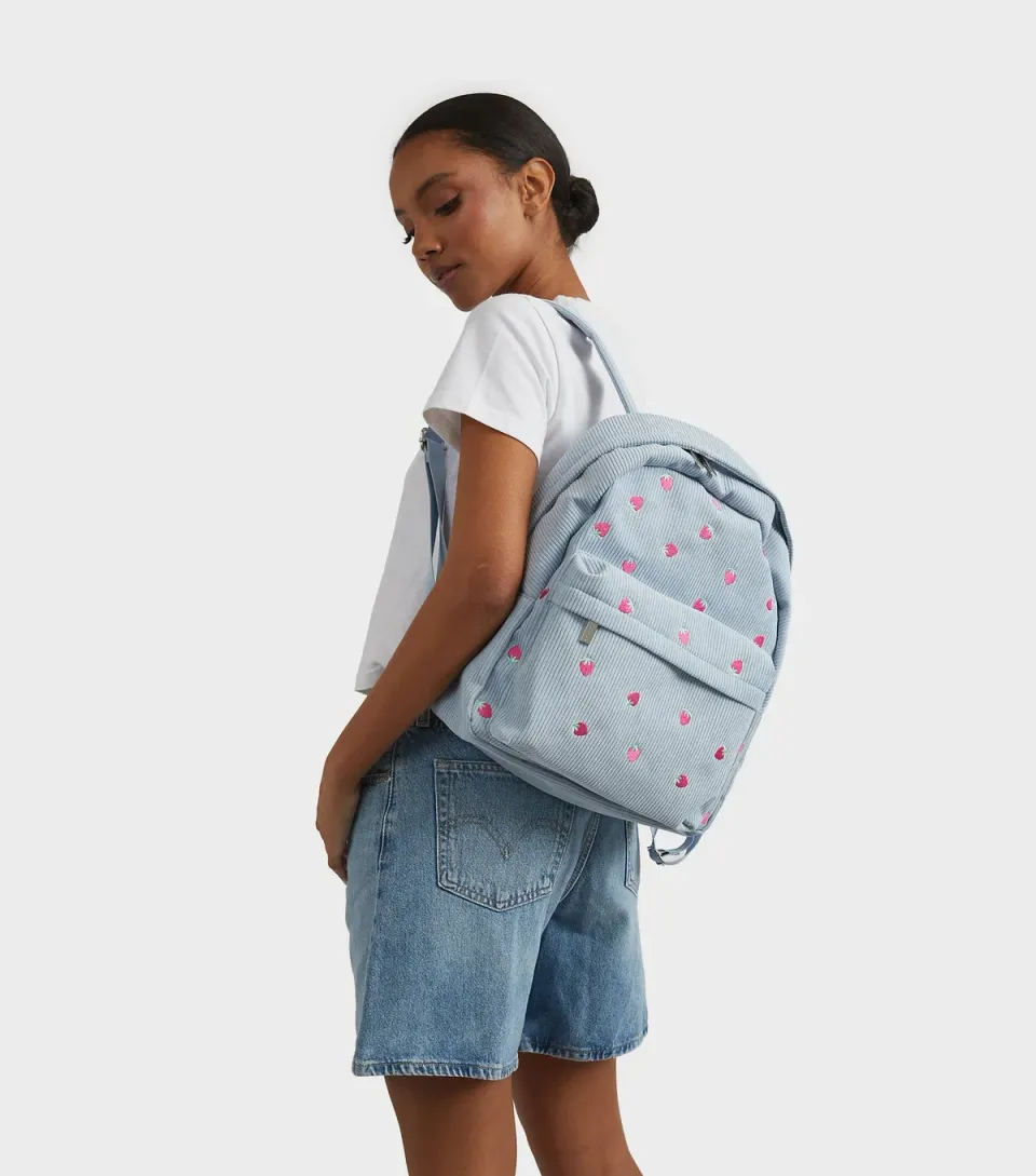 Light Blue Embroidered Strawberry Corduroy Backpack