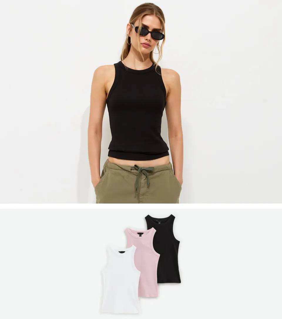 Women's Pack of 3 Black White and Pink Cotton Rich Racer Vest Tops