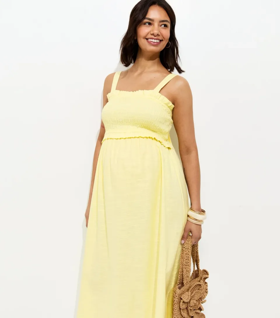 Women's Maternity Yellow Shirred Strappy Bow Back Midi Dress