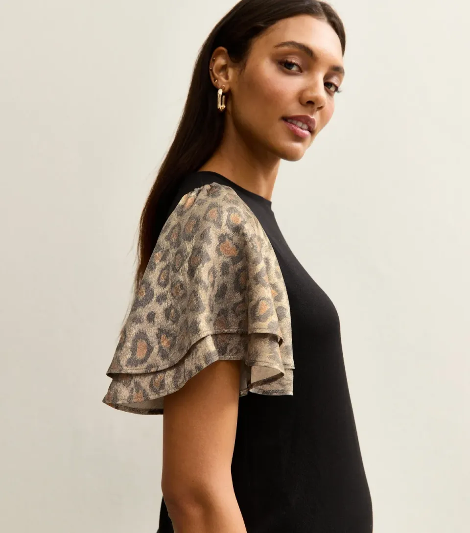 Women's Maternity Black Soft Touch Animal Print Flutter Sleeve Top