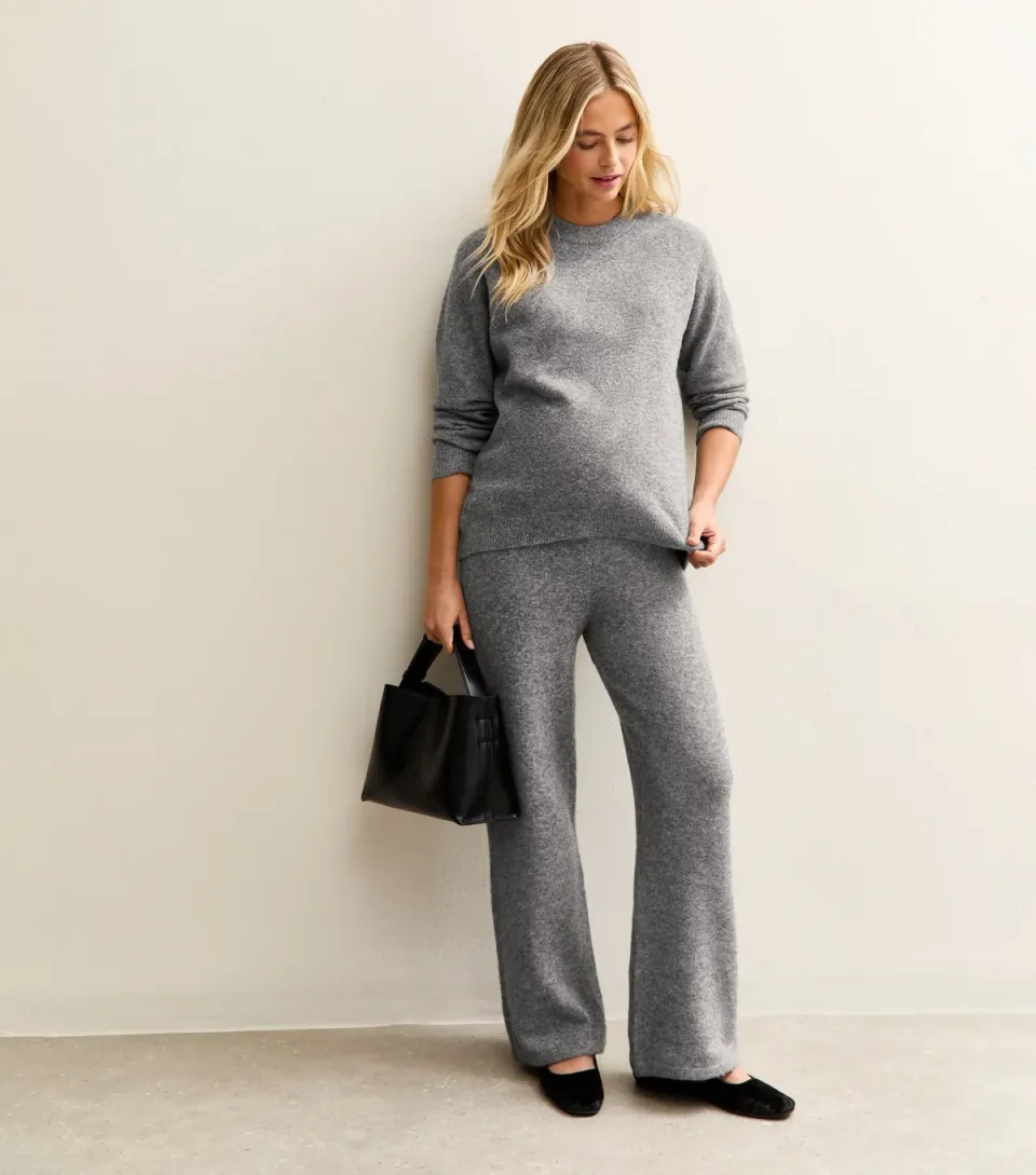 Women's Maternity Mid Grey Knit Wide Leg Trousers