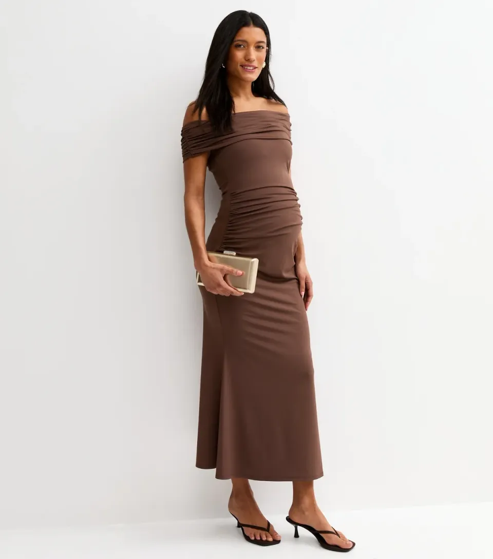 Women's Maternity Dark Brown Off Shoulder Midi Dress
