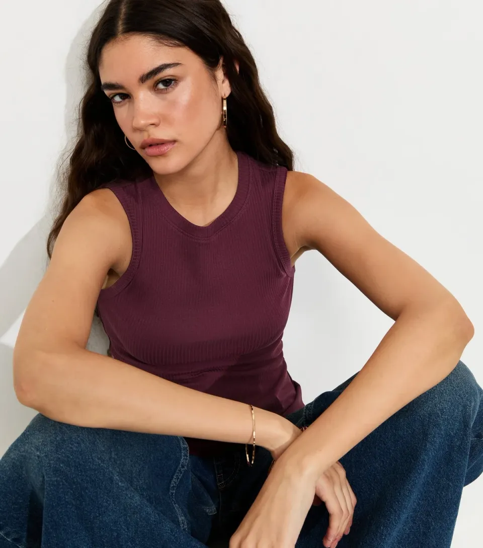 Women's Dark Burgundy Cotton Rich Ribbed High Neck Tank Top