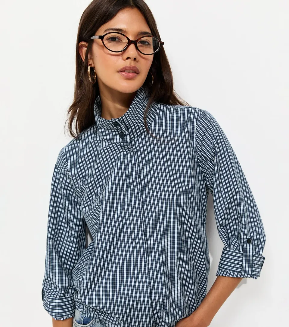Women's Navy Check Cropped Sleeve Funnel Neck Shirt