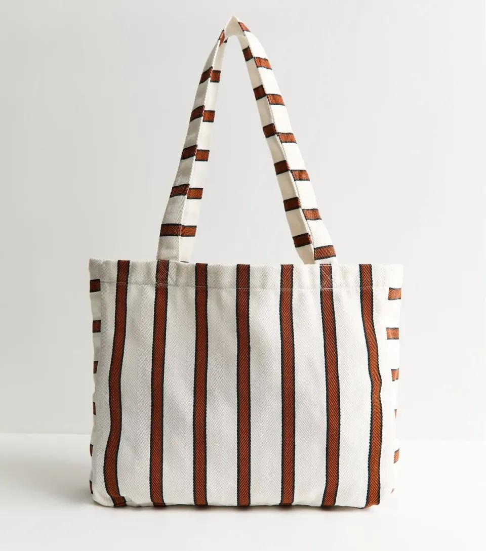 Brown Stripe Print Canvas Tote Bag