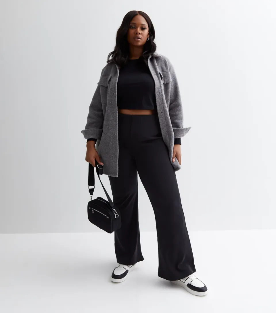 Women's Plus Size Black Ribbed Flared Trousers Curves