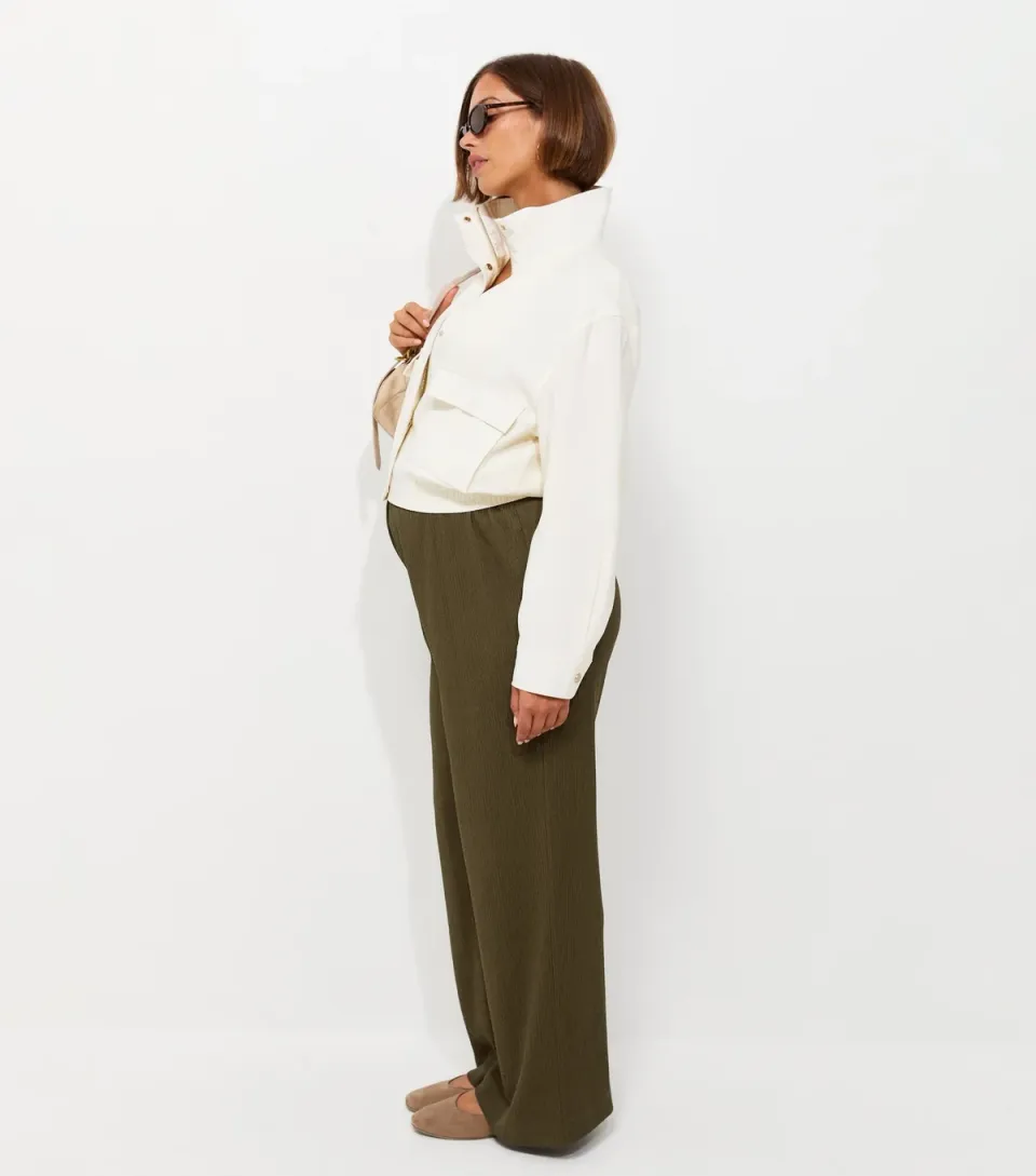 Women's Maternity Light Khaki Crinkle Texture Wide Leg Trousers