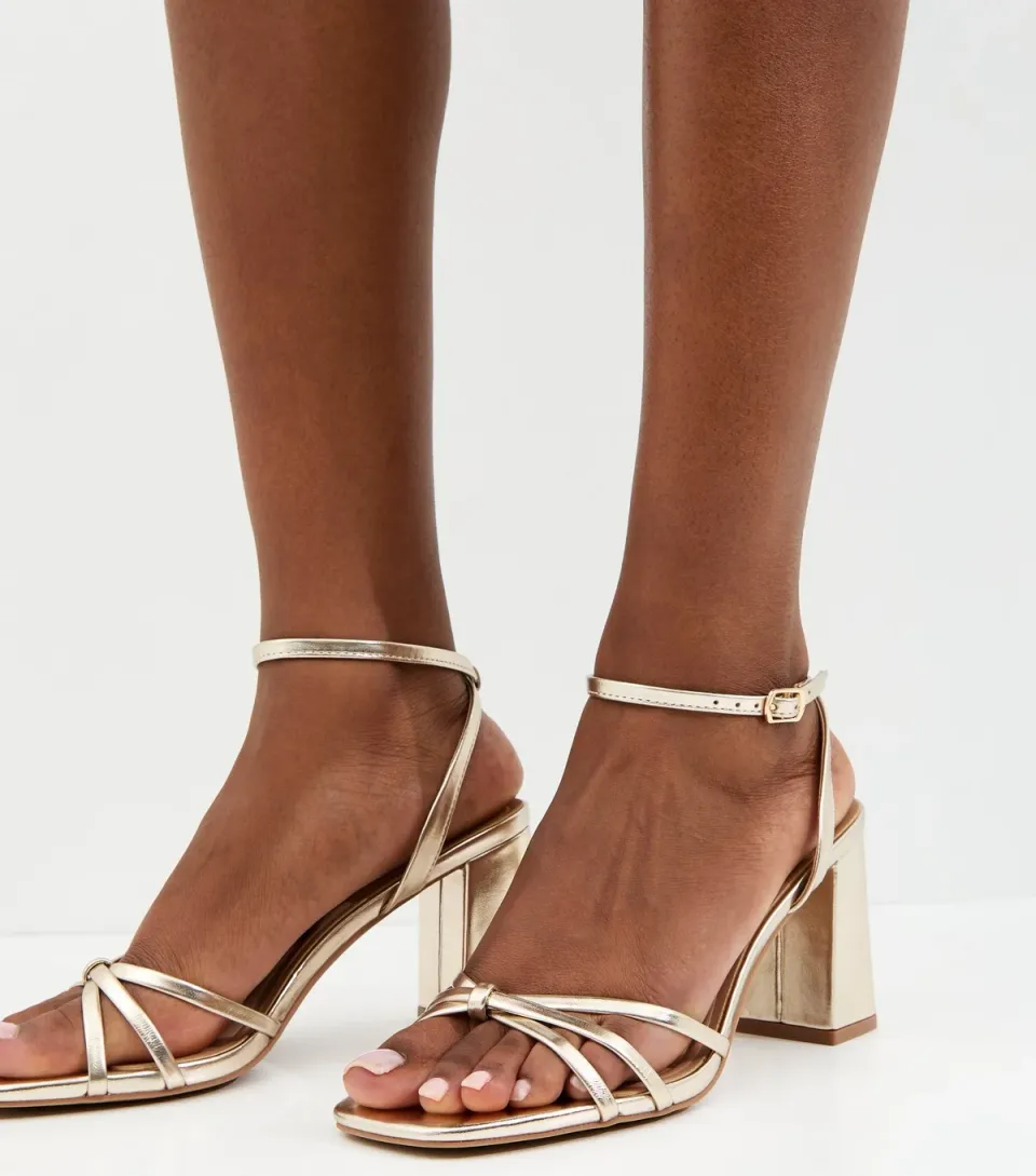 Women's Gold Faux Leather Knot Strap Block Heel Sandals Vegan