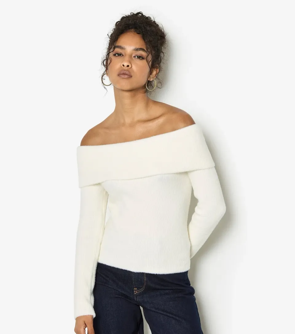 Women's Cream Fuzzy Ribbed Bardot Jumper