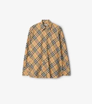 Relaxed Fit Check Cotton Flannel Shirt in Sand beige