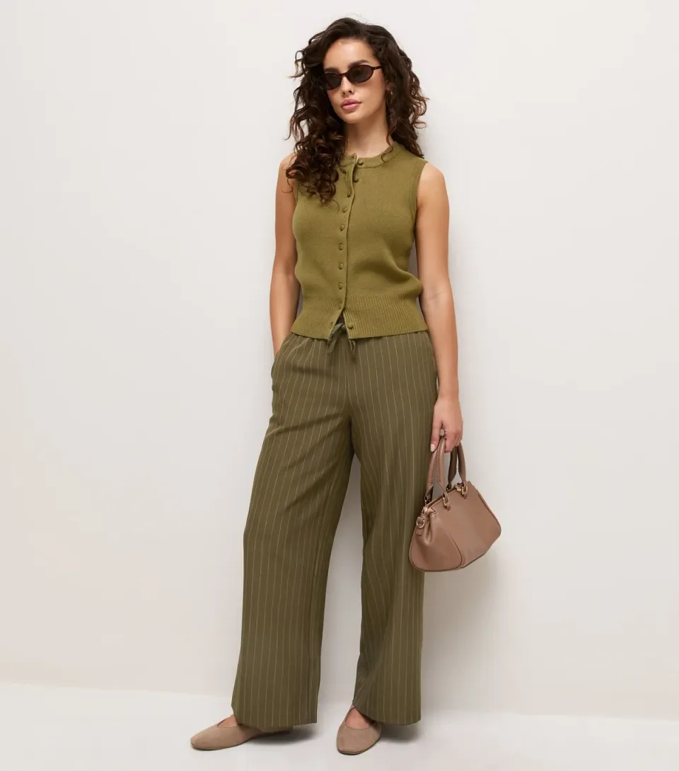 Women's Petite Green Woven Pinstripe Wide Leg Tailored Trousers